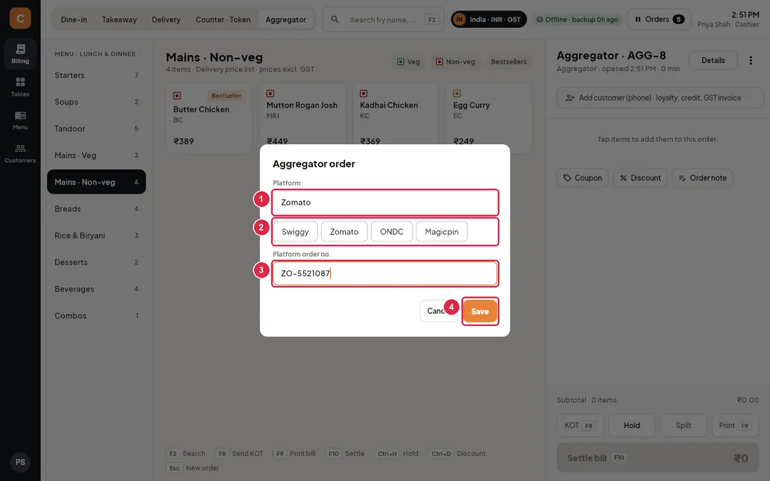 Aggregator order dialog with platform and order number