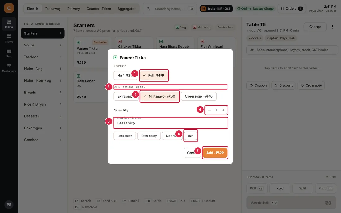 Customise dialog for Paneer Tikka with portion, dips, quantity and note