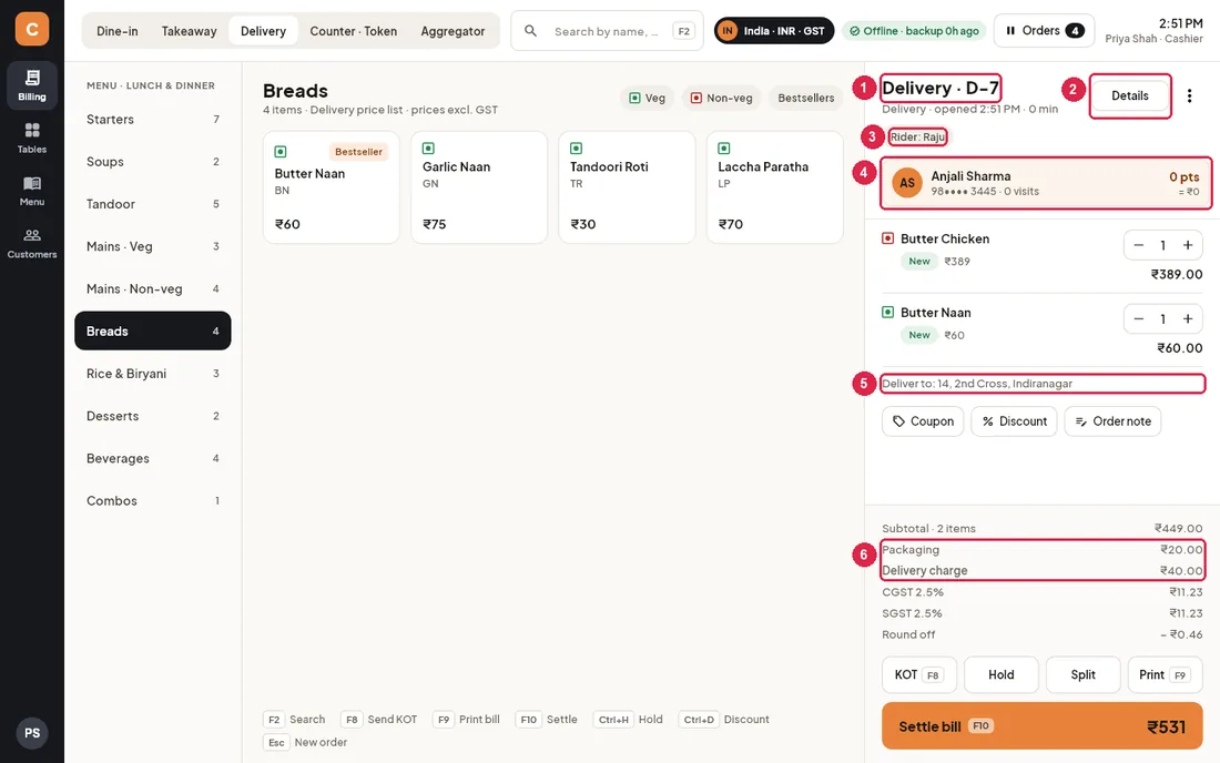 Delivery order in the cart with rider, customer and charges