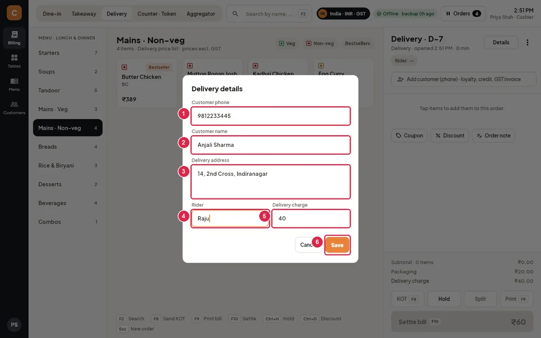 Delivery details dialog with phone, name, address, rider and charge