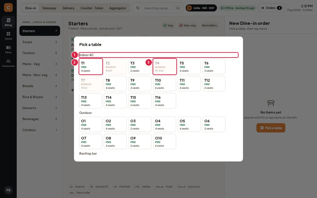 Pick a table dialog with free and running tables
