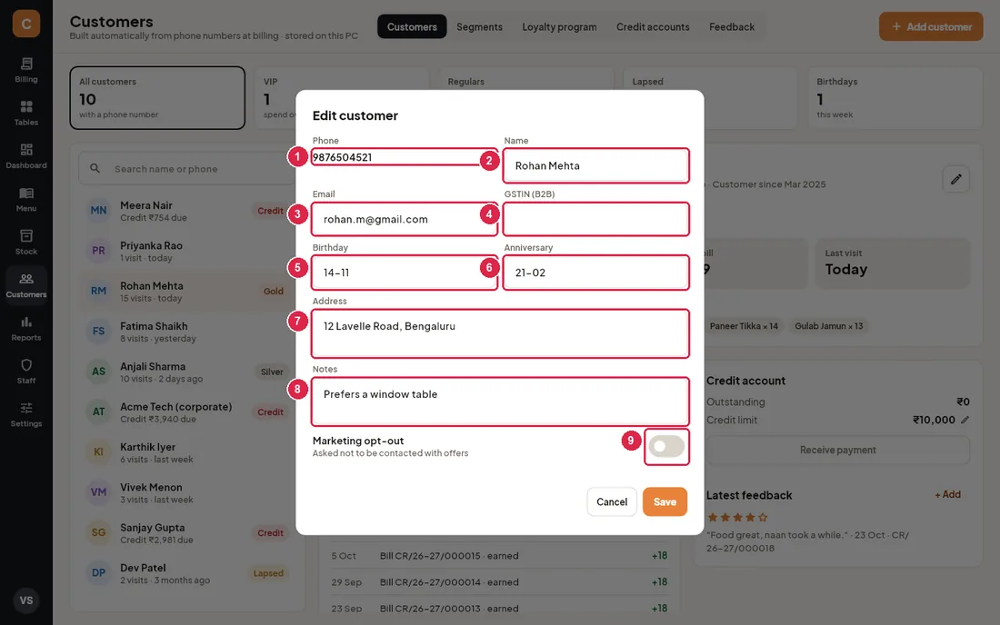 Edit customer dialog