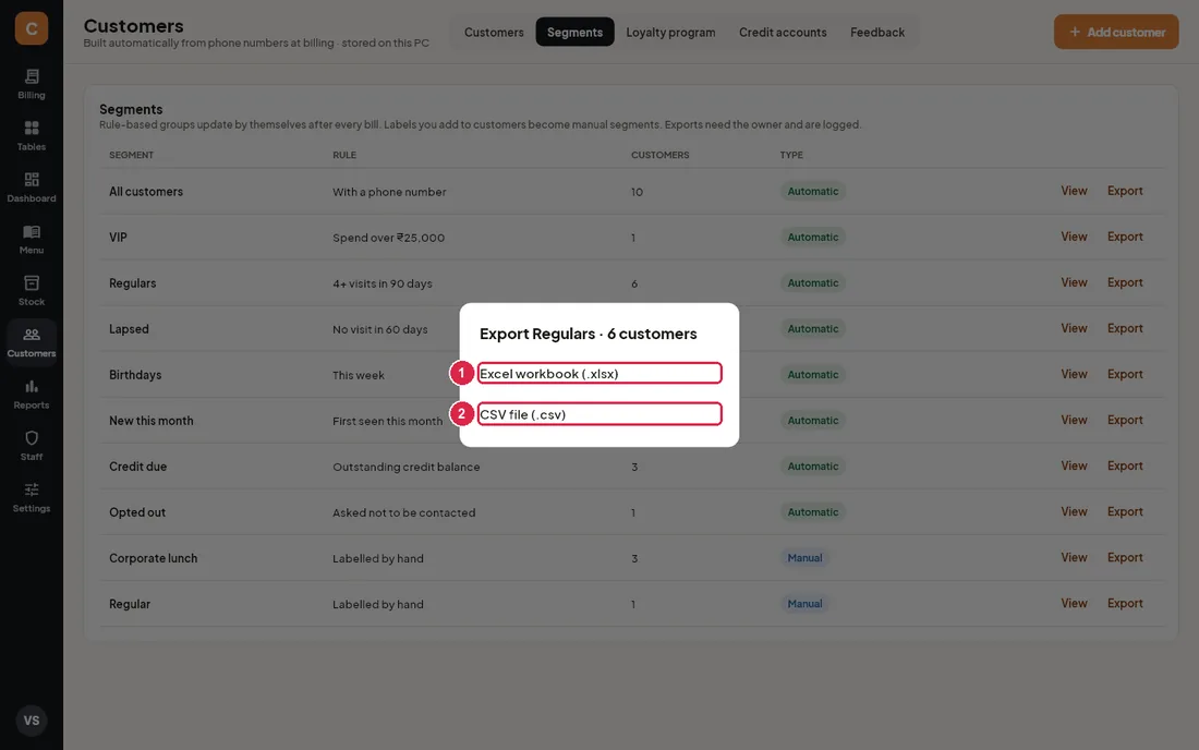 Export format choice: Excel or CSV