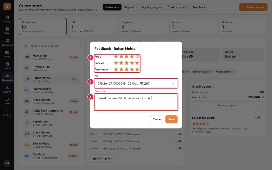 Feedback dialog with star ratings