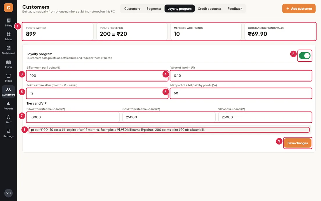 Loyalty program settings with totals