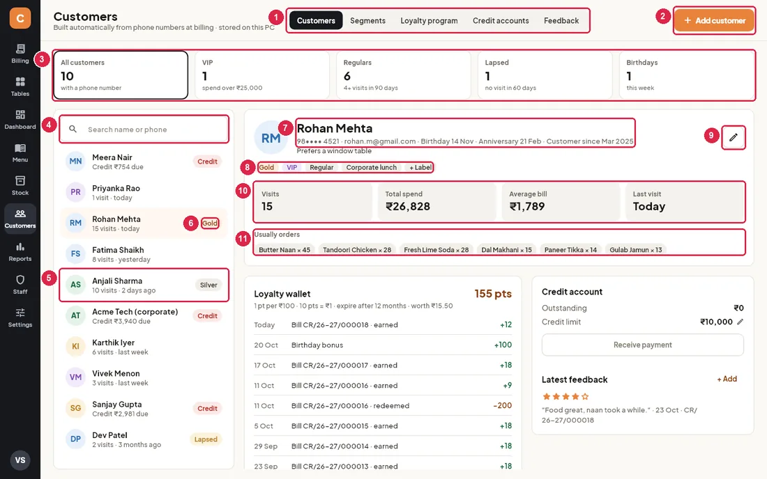 Customers screen with Rohan Mehta selected