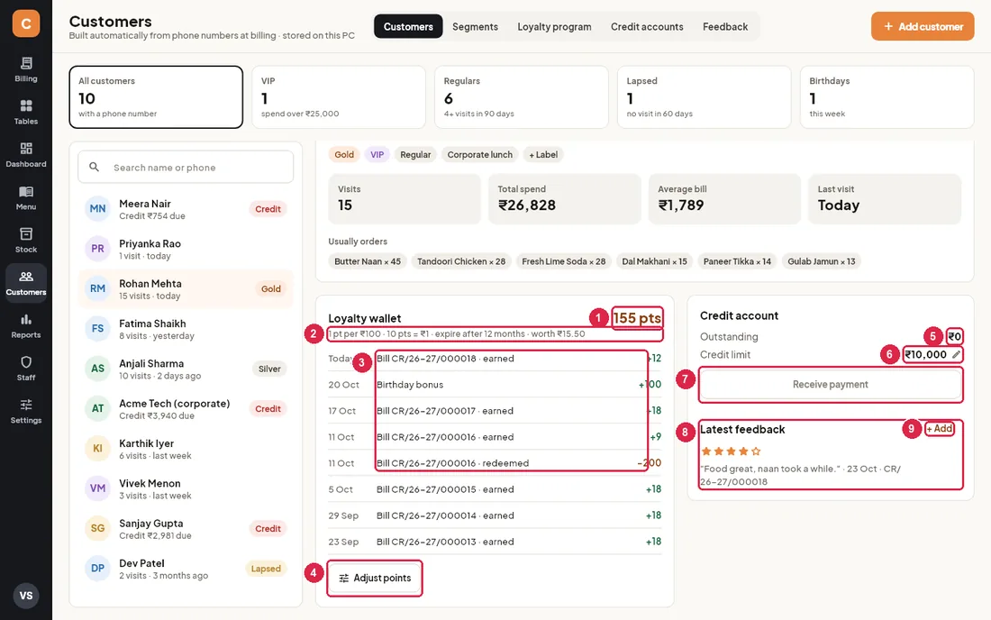 Loyalty wallet, credit account and latest feedback for a customer