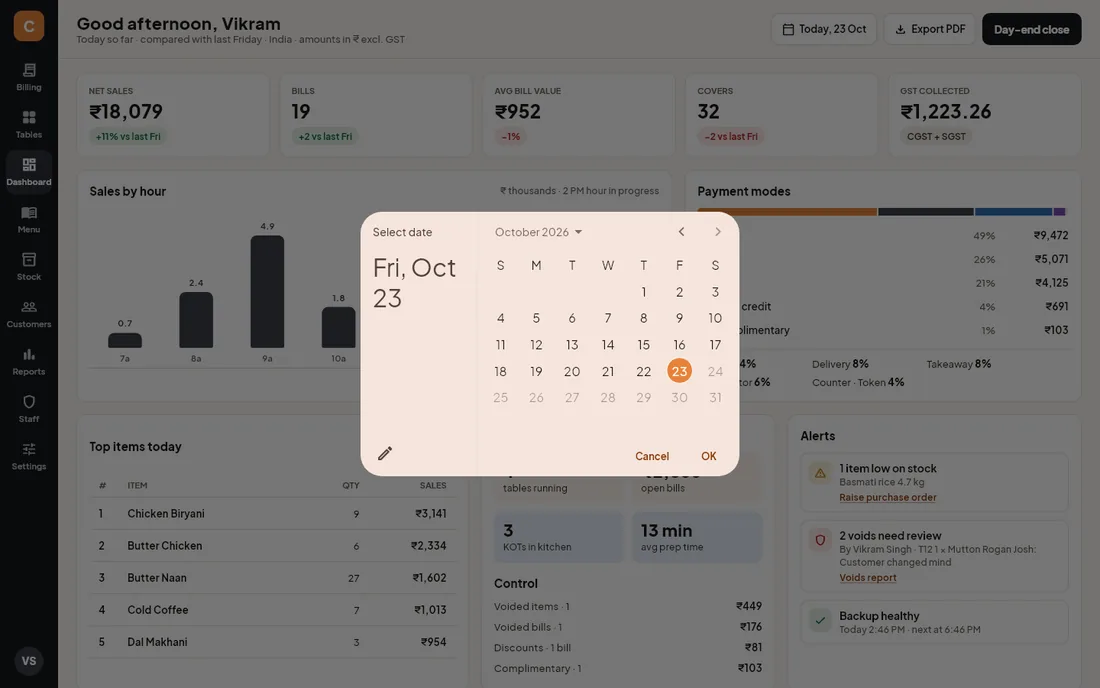Calendar for choosing the dashboard date