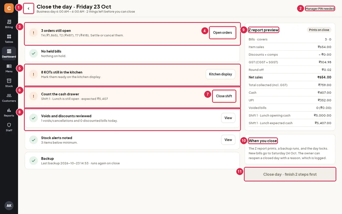 Close the day screen with open orders, kitchen and cash drawer items still to do