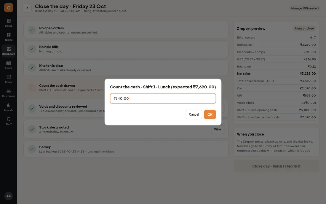 Count the cash dialog showing the expected amount