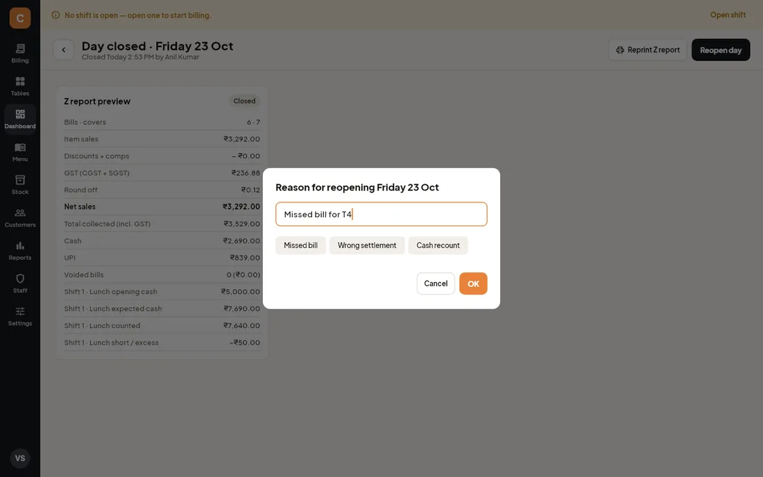 Reason for reopening dialog
