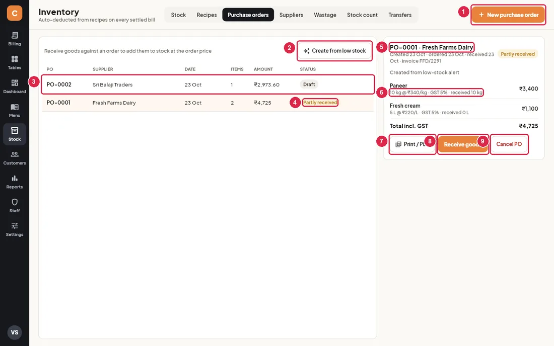Purchase orders tab with a partly received order open