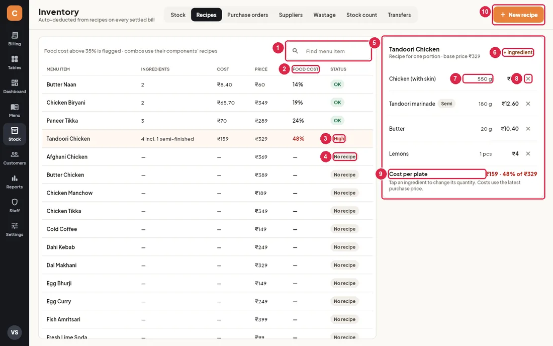 Recipes tab with the food cost list and the Tandoori Chicken recipe