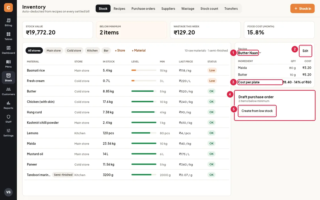 Recipe card and draft purchase order card on the Stock tab