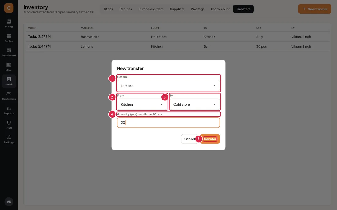 New transfer dialog