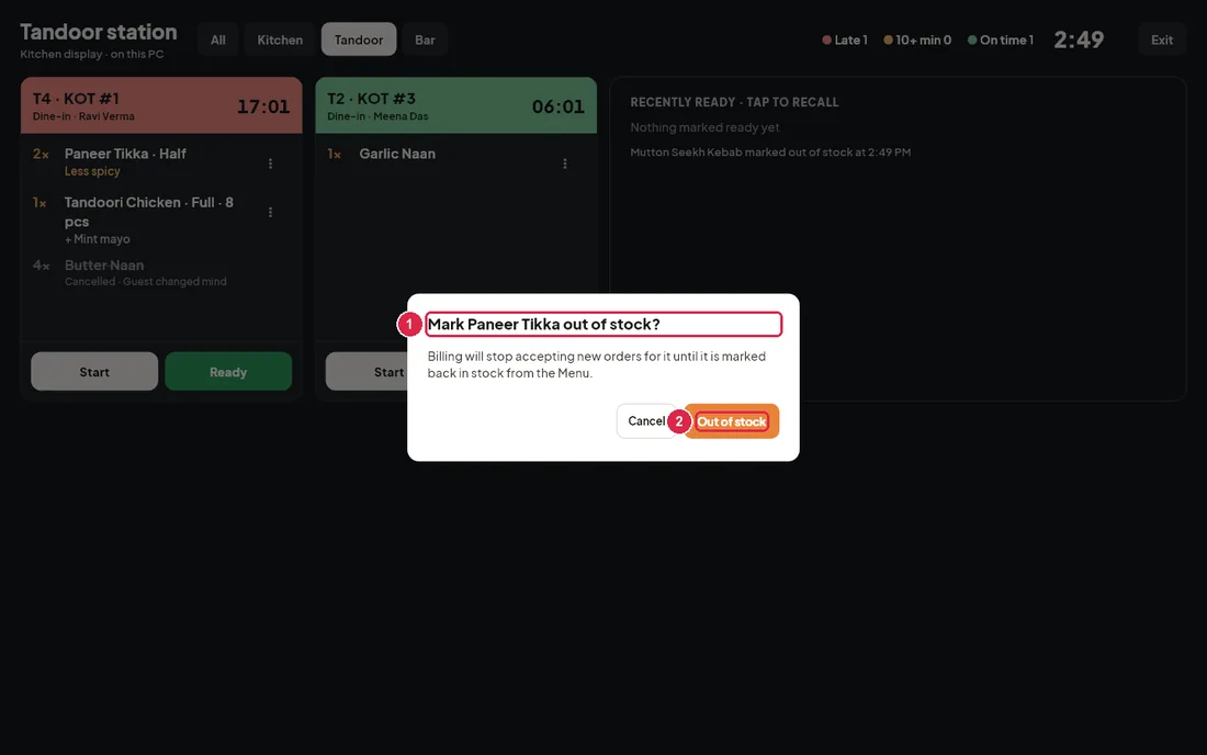 Confirm dialog Mark Paneer Tikka out of stock