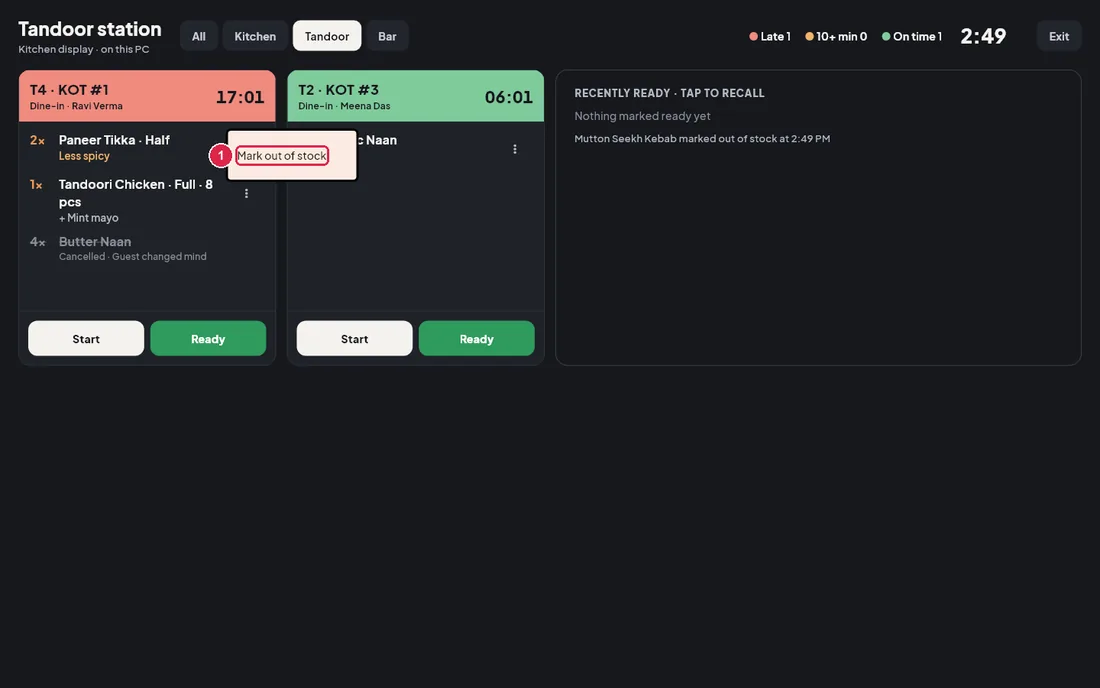Item menu with Mark out of stock
