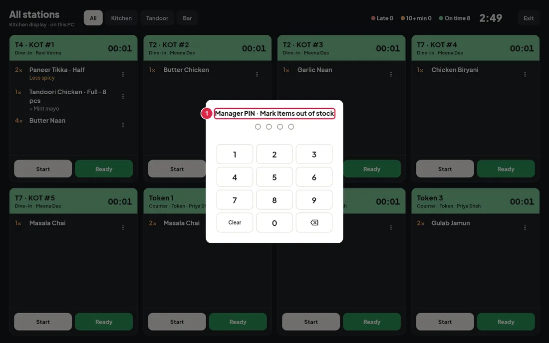 Manager PIN dialog for marking items out of stock