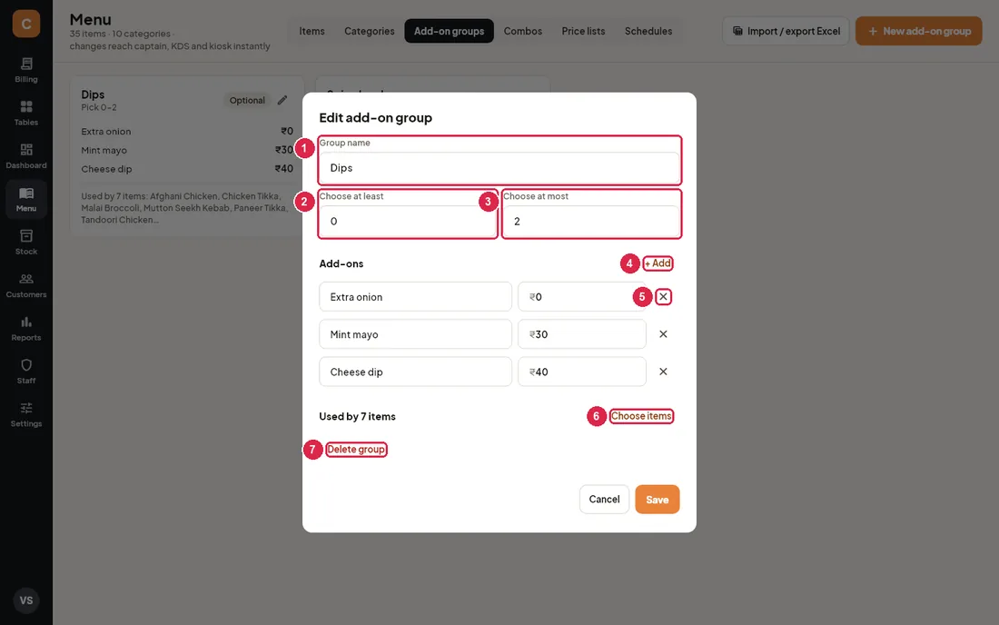 Edit add-on group dialog