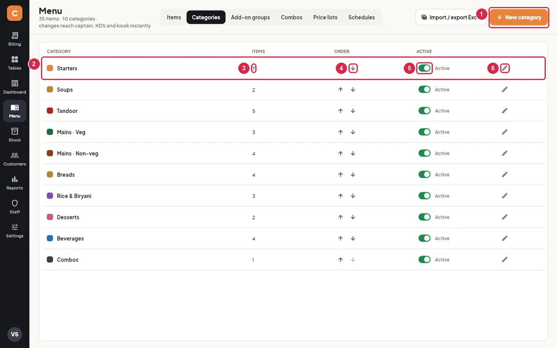 Categories tab with colour, item count, order arrows, active switch and edit button