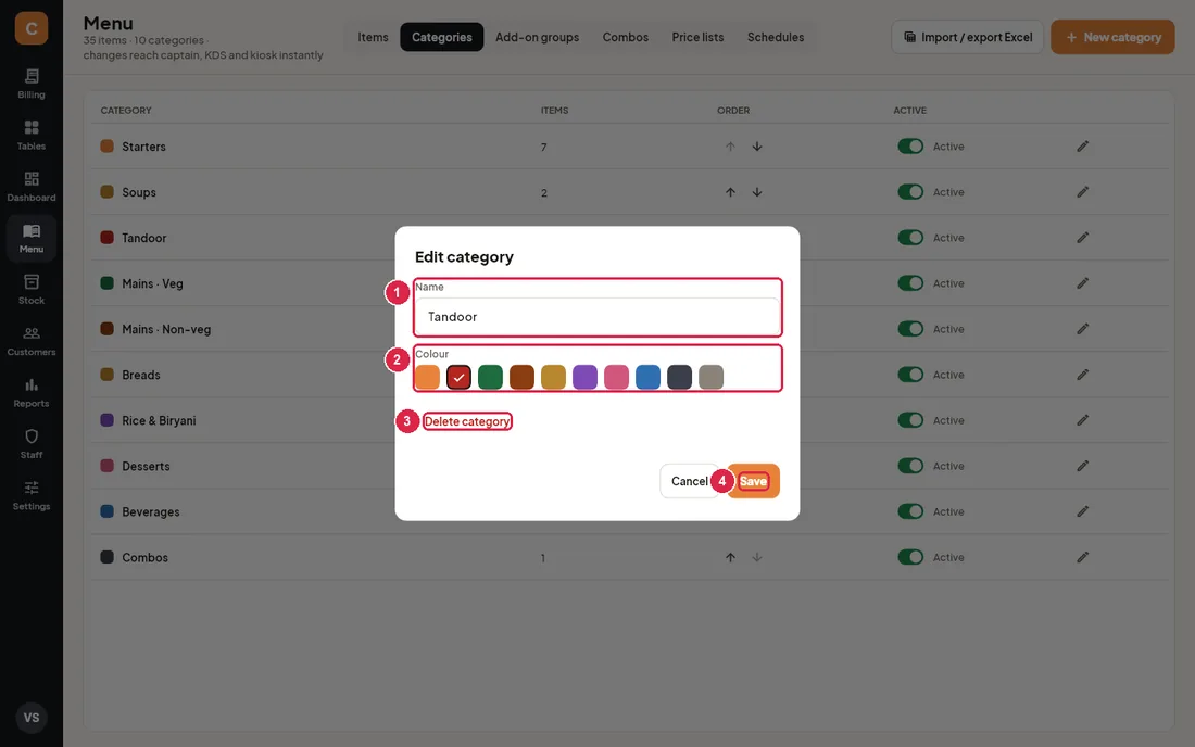 Edit category dialog with name, colour and delete