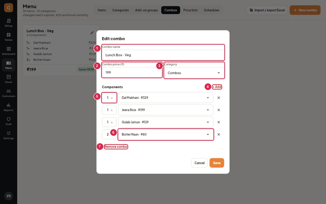 Edit combo dialog with components