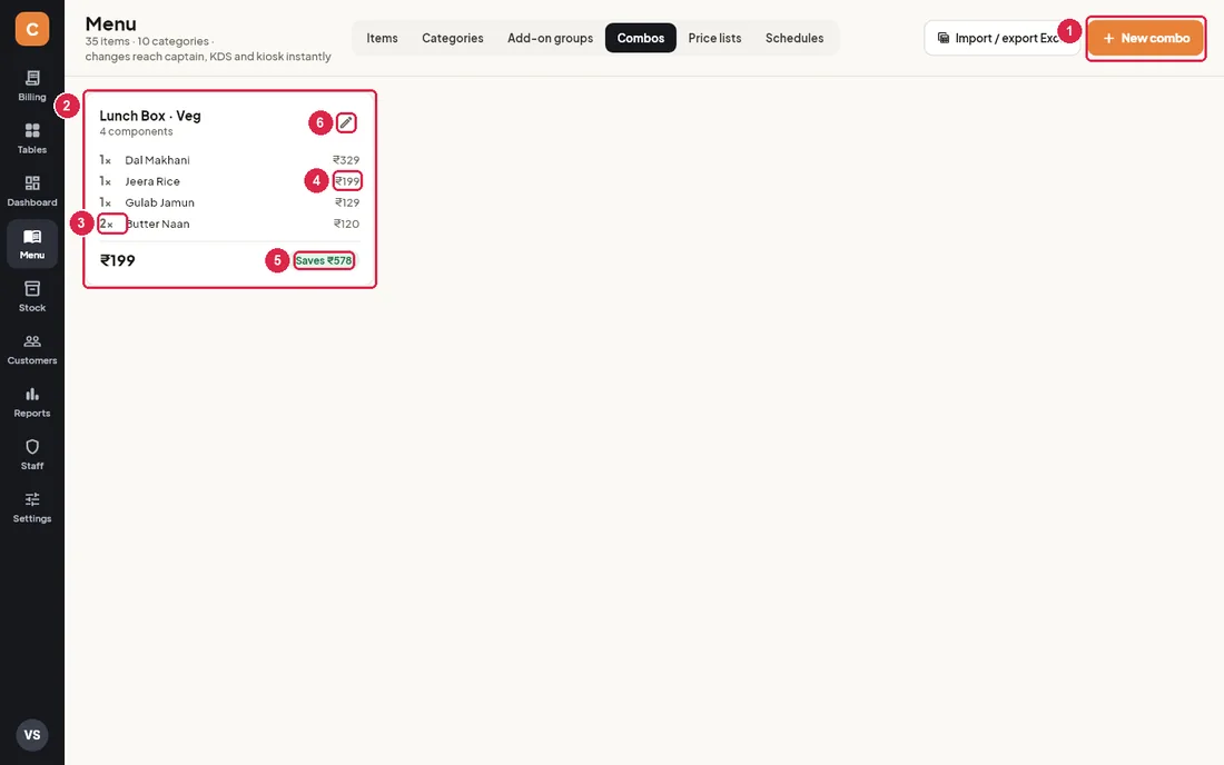 Combos tab showing Lunch Box Veg with its components