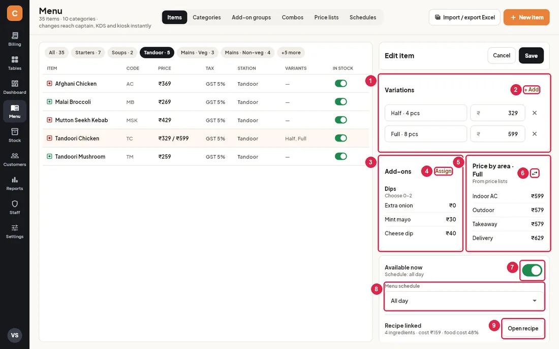 Lower part of the Edit item panel with variations, add-ons, price by area, availability and recipe