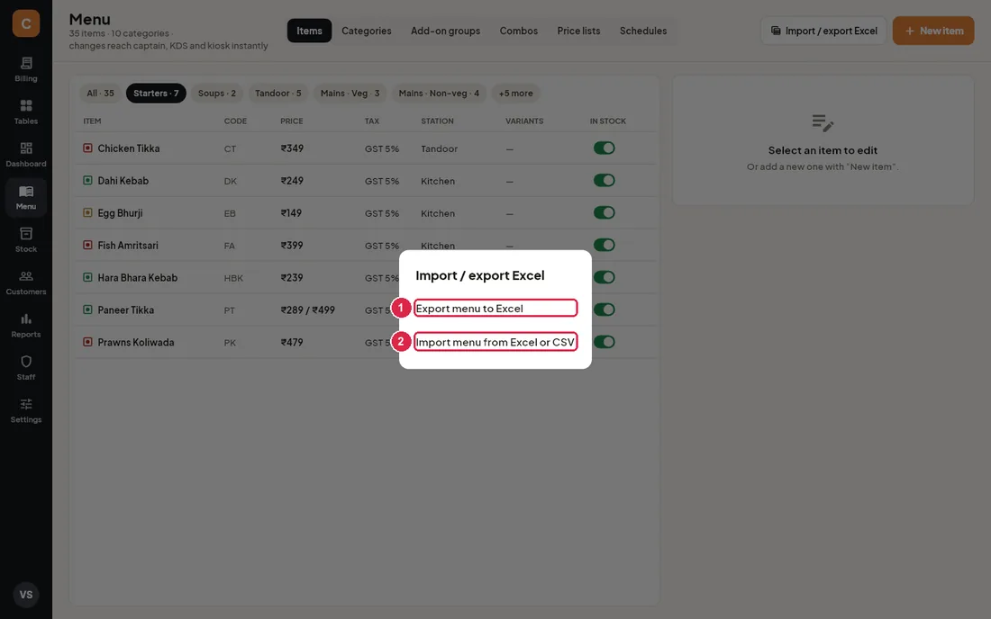 Import / export Excel choice