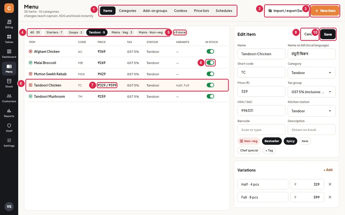 Menu screen showing Tandoor items with Tandoori Chicken open in the Edit item panel