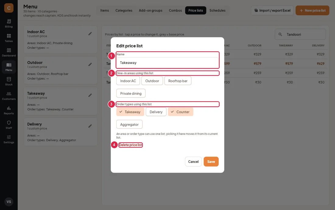 Edit price list dialog with areas and order types