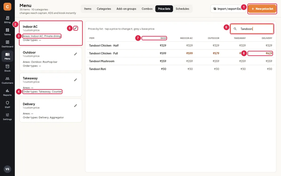 Price lists tab with the list cards on the left and the price grid on the right