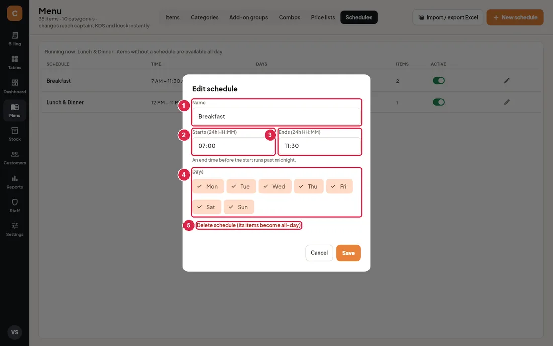 Edit schedule dialog with times and days