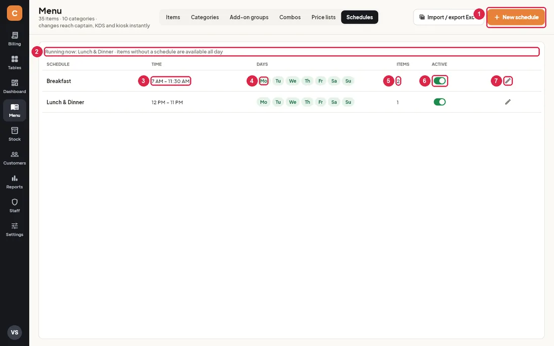 Schedules tab with Breakfast and Lunch and Dinner