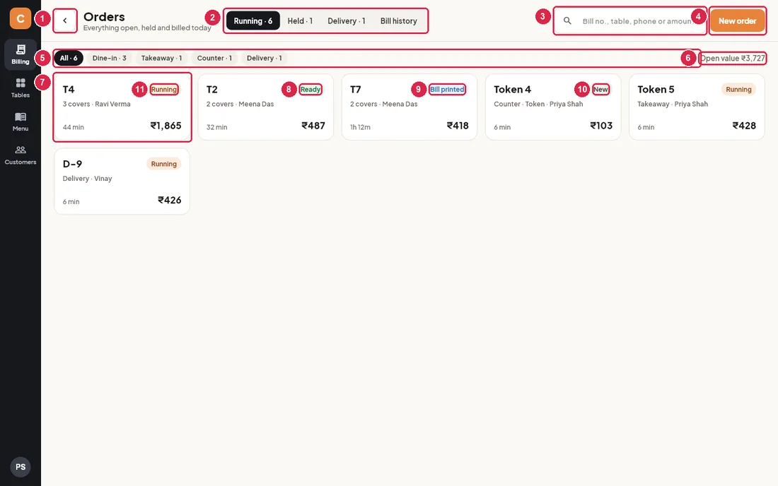 Orders screen with running dine-in, counter, takeaway and delivery orders