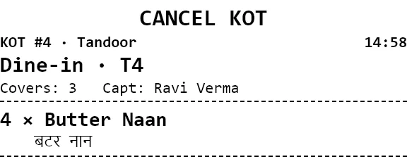 Printed cancel KOT for table T4