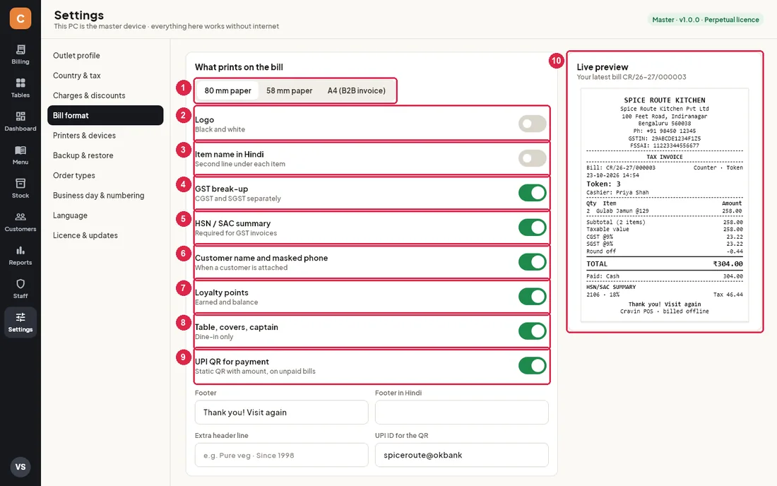 Bill format section with live preview of the latest bill