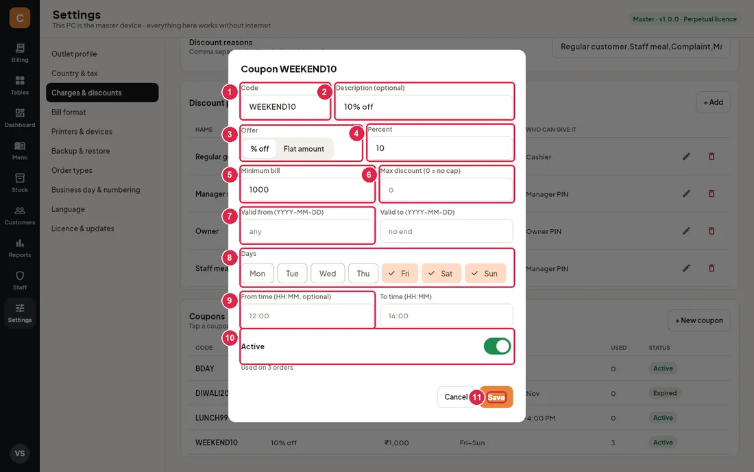 Coupon editing window