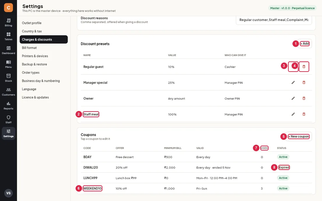 Discount presets and coupons tables