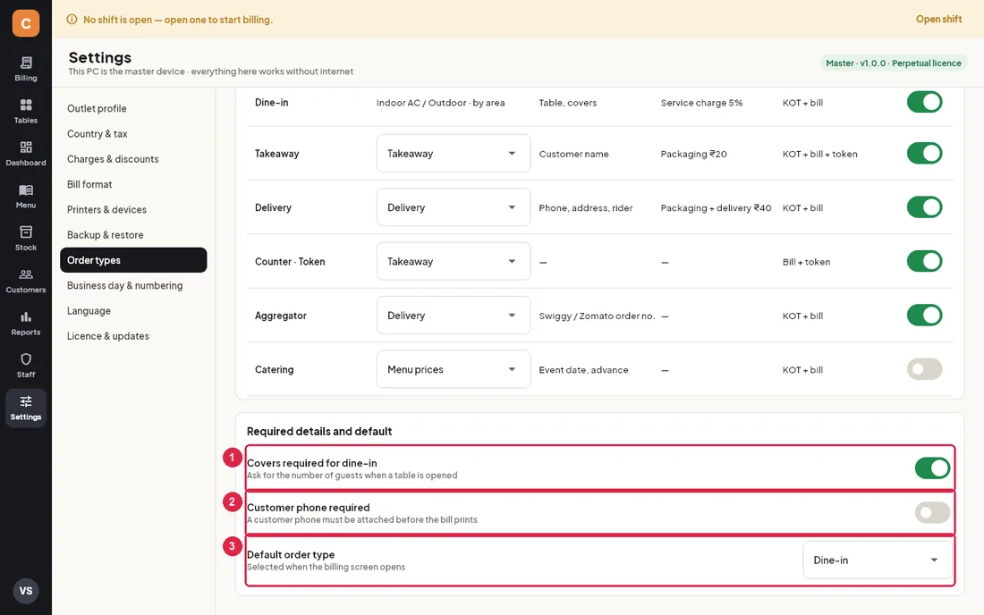 Required details and default order type