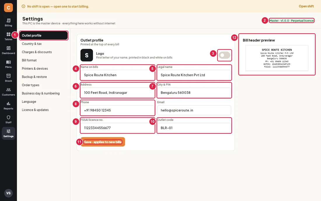 Settings, Outlet profile section with bill header preview
