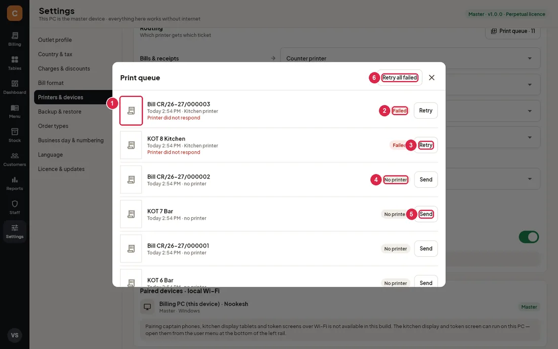 Print queue window with failed and waiting jobs