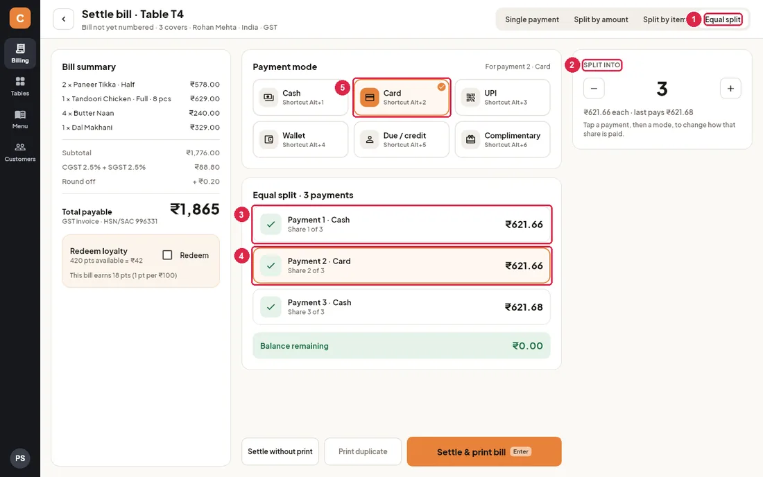Equal split in three payments with the second by card