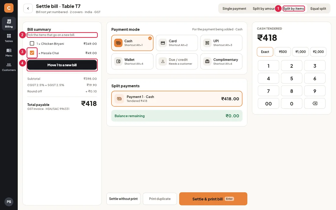 Split by items with Masala Chai ticked for a new bill