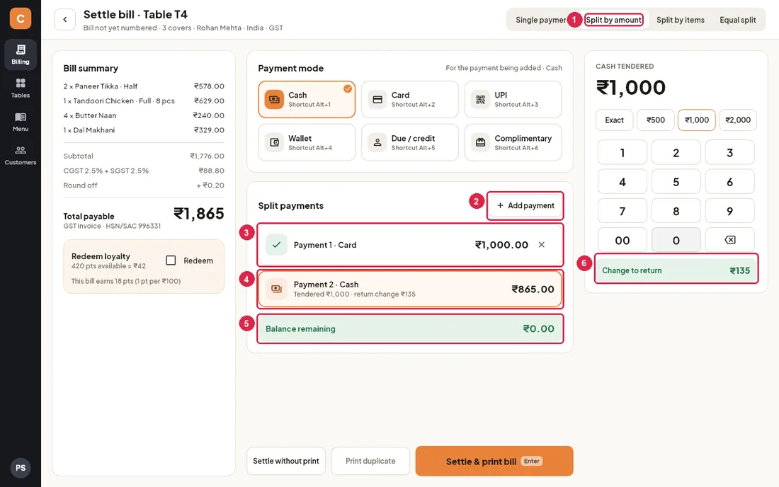 Split by amount with a card payment and a cash payment