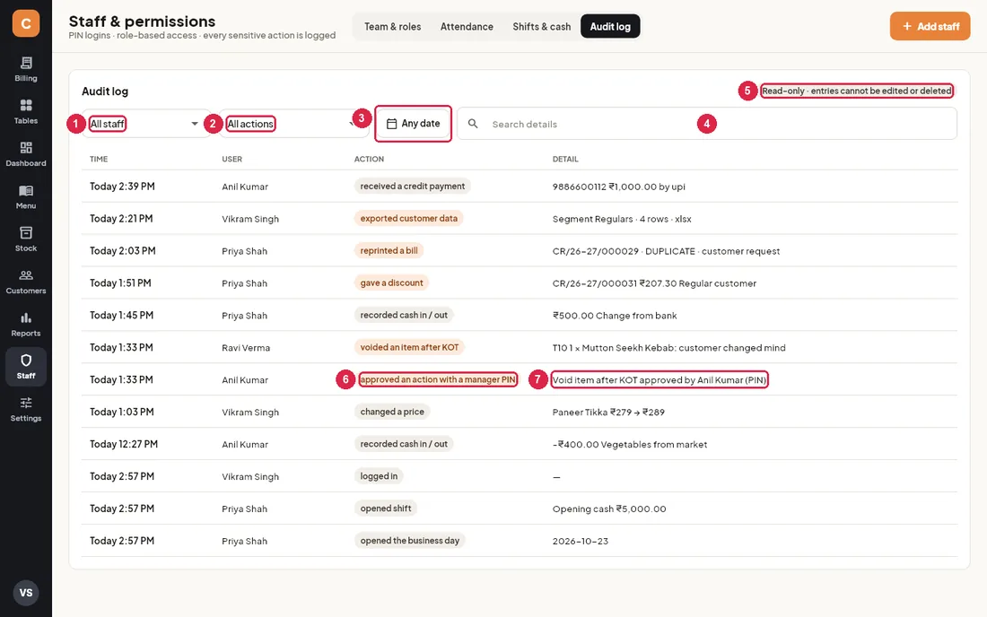 Full audit log with filters