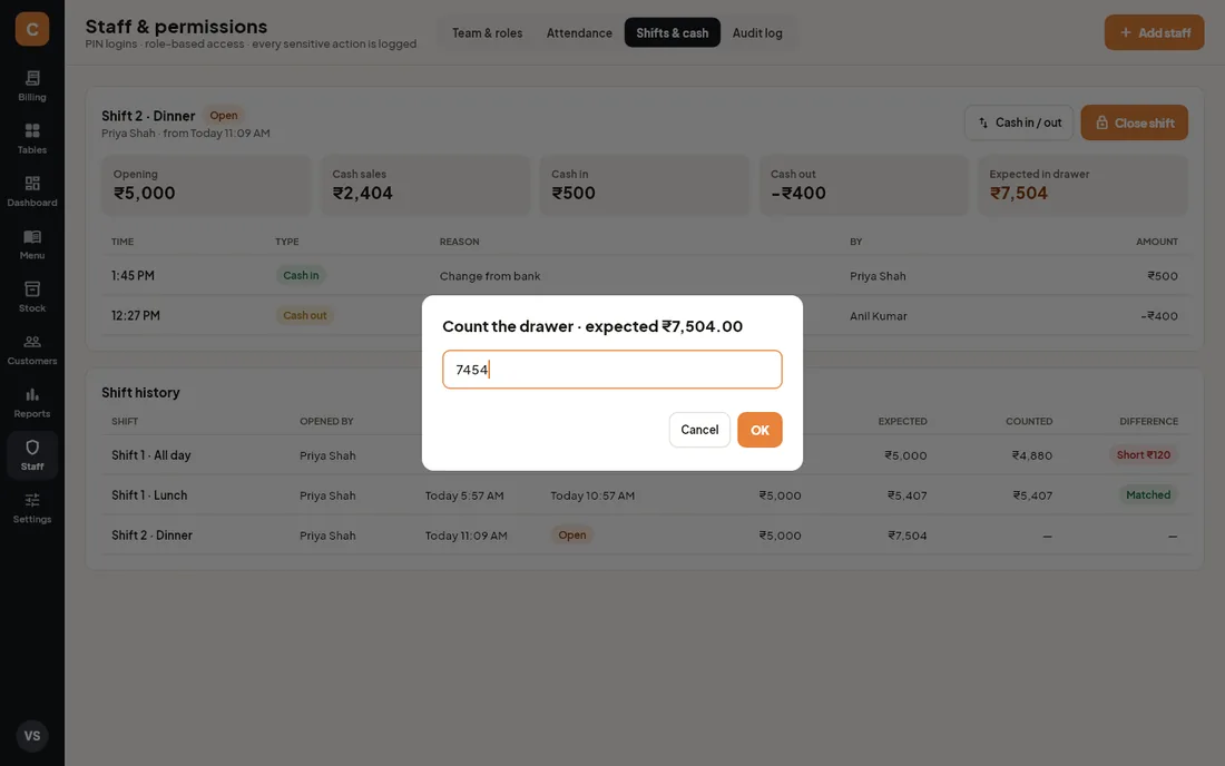 Count the drawer prompt showing the expected amount
