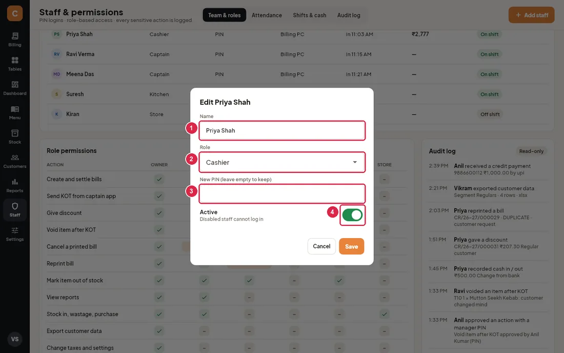 Edit staff dialog with name, role, PIN and Active switch
