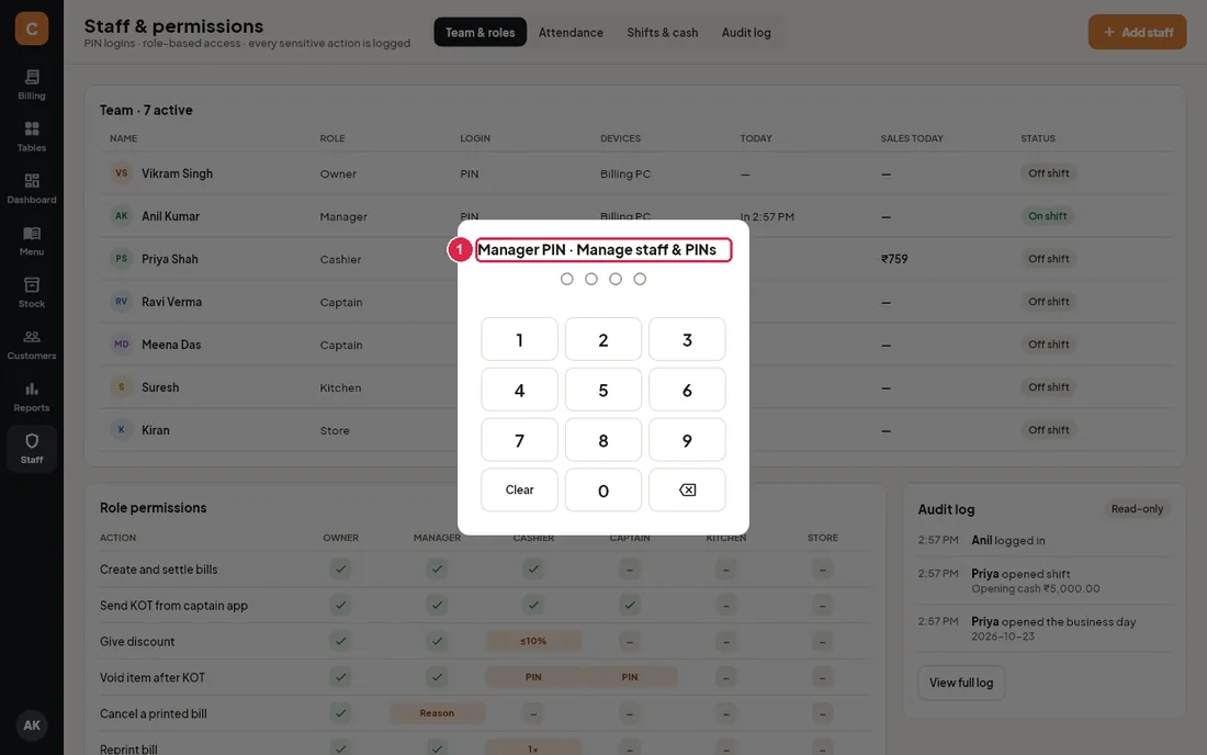 Manager PIN keypad asking for permission to manage staff
