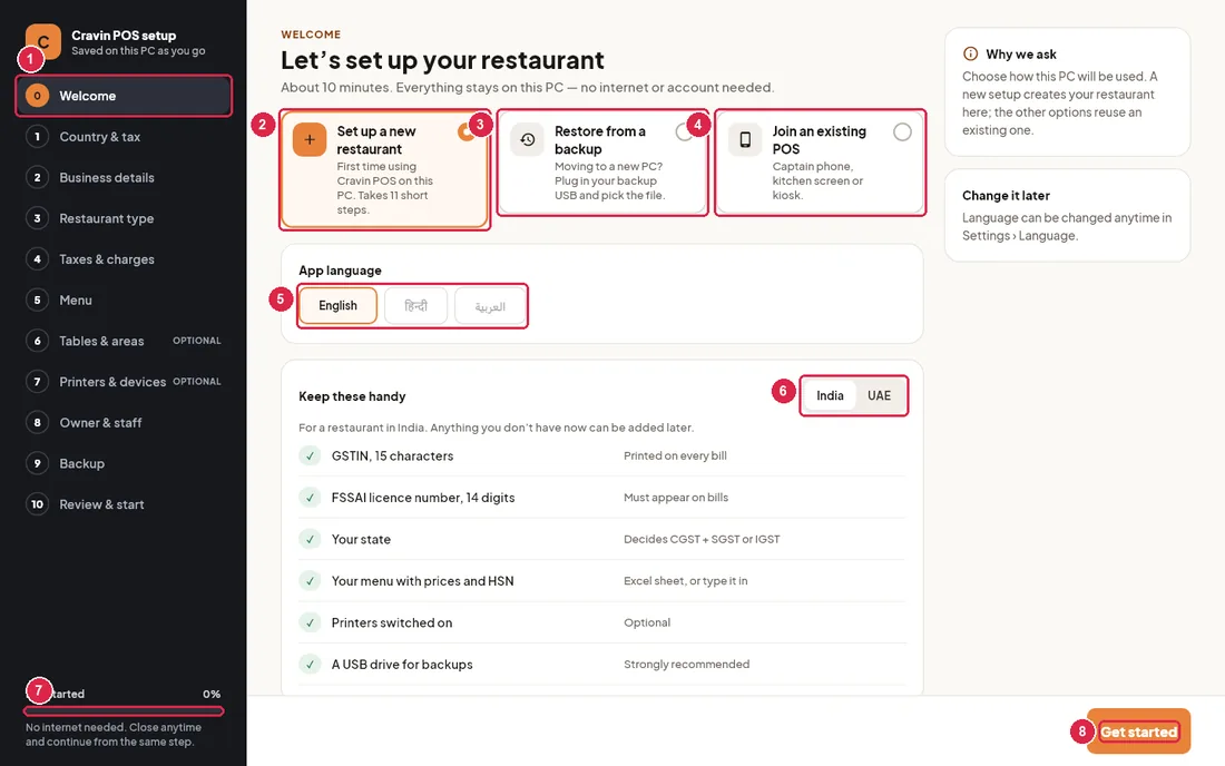 Setup wizard welcome step with the three ways to start
